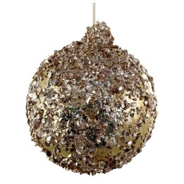 Glinsterende gouden kerstbal met glitters en een ronde, textuurrijke afwerking.