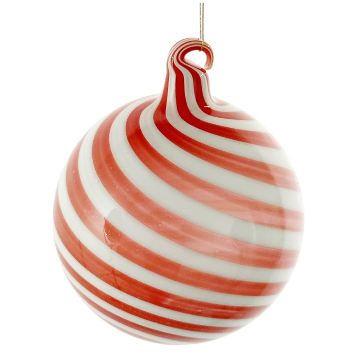 A glossy round ornament with red and white swirling stripes, topped with a curled hook.