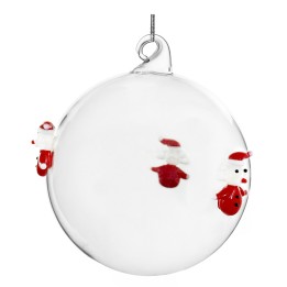 A clear glass ornament with whimsical painted Santa and snowman designs.