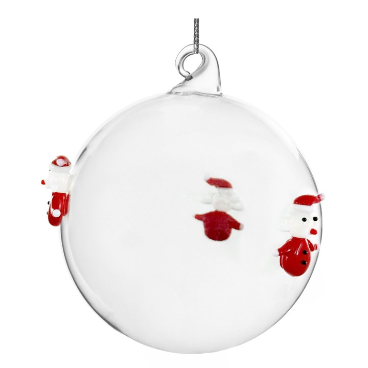 A clear glass ornament with whimsical painted Santa and snowman designs.
