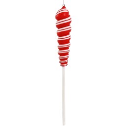 A spiraled red and white candy cane on a white stick, resembling a festive treat.