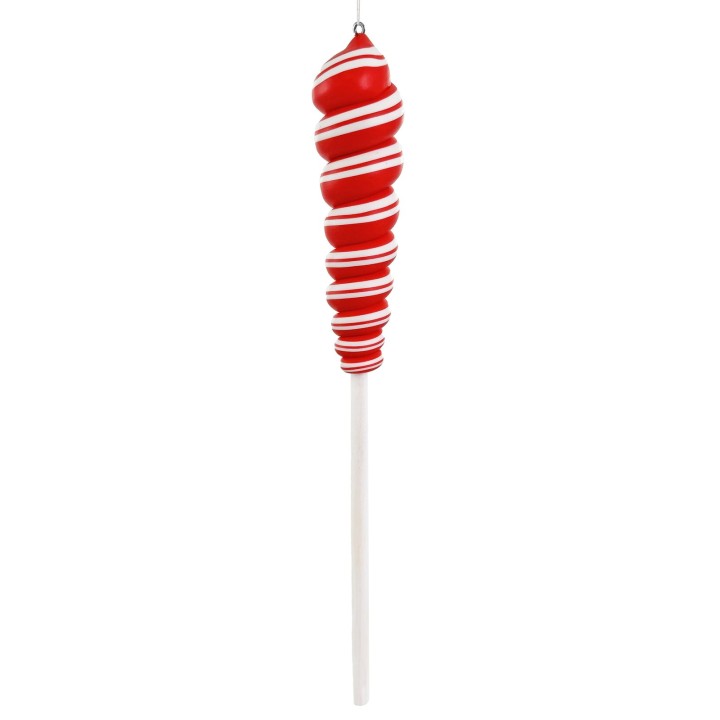Een lange, slanke rode lolly met witte spiralen en een stevige witte stok.