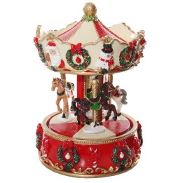 A festive carousel with colorful horses, adorned with Christmas decorations and a playful design.