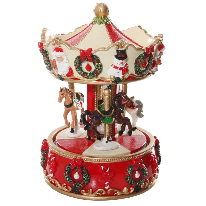 A festive carousel with colorful horses, adorned with Christmas decorations and a playful design.