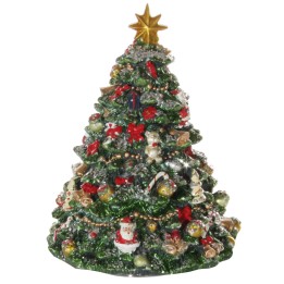 A colorful ceramic Christmas tree adorned with ornaments, a star, and Santa figurines.