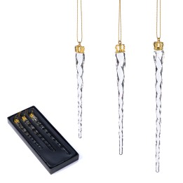 Three elegant, twisted glass icicles with golden crowns, displayed in a sleek black box.