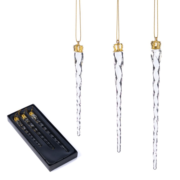 Three elegant, twisted glass icicles with golden crowns, displayed in a sleek black box.