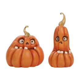 Two quirky, orange pumpkins with expressive faces and golden stems, featuring wide eyes and small...