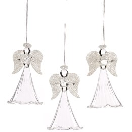 Three delicate glass angel ornaments with shimmering wings, hanging gracefully.