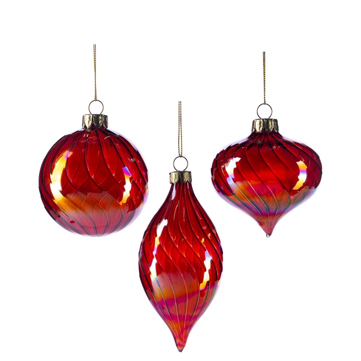 Three glossy red glass ornaments with elegant curves and a shimmering finish.