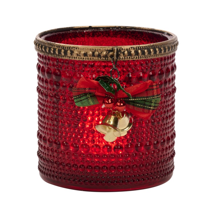 Cylindrical votive with Christmas bells red