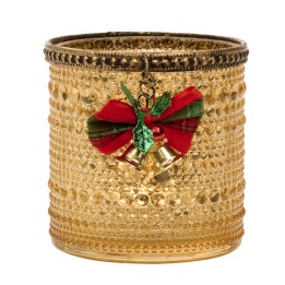 Cylindrical votive with Christmas bells gold