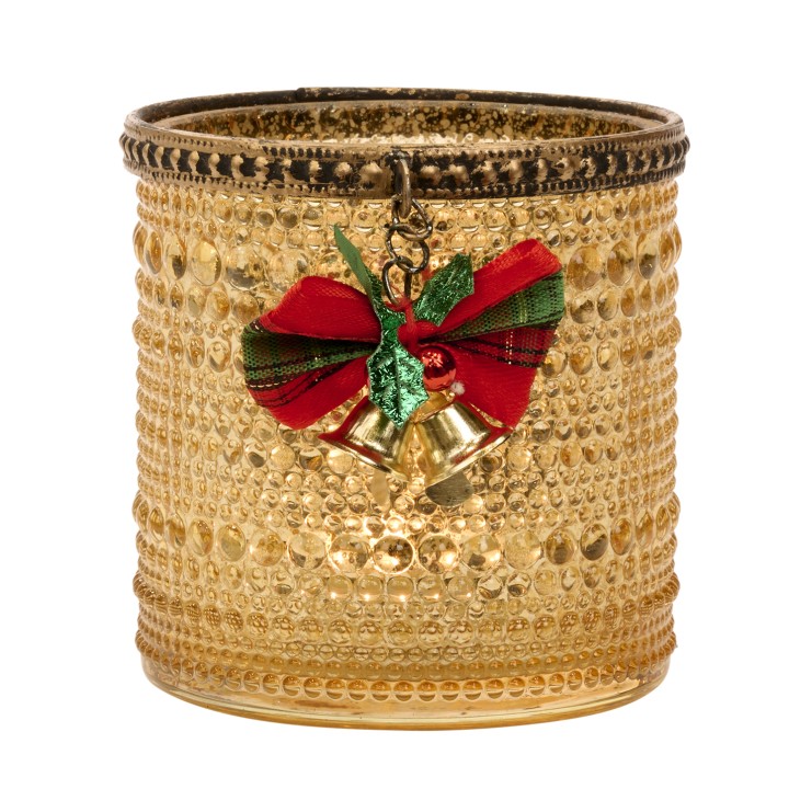 Cylindrical votive with Christmas bells gold