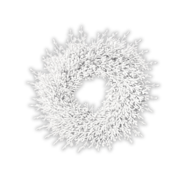 A delicate white wreath made of intricate, branching twigs.