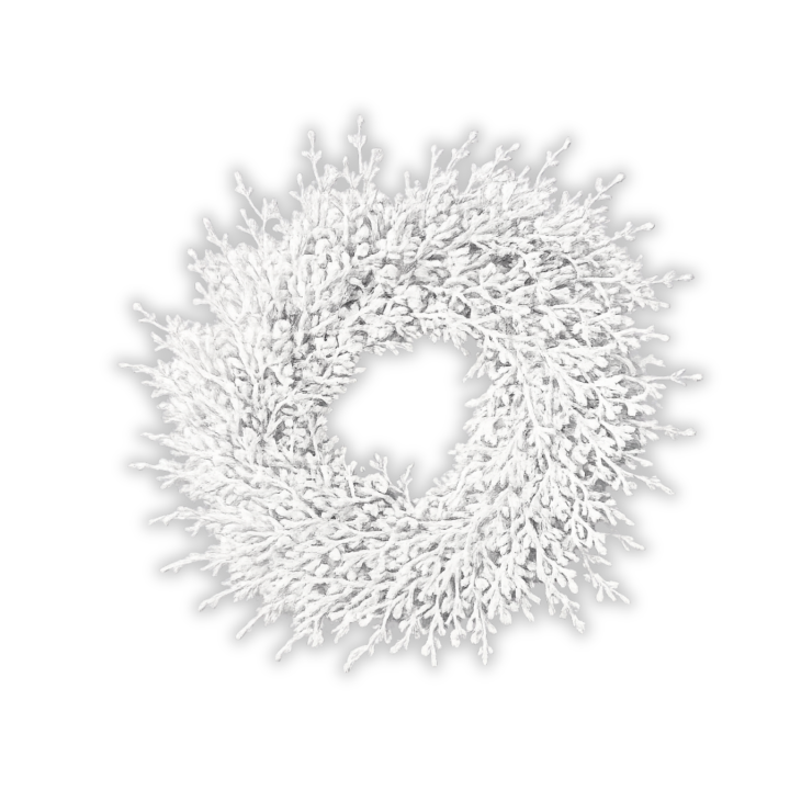 A delicate white wreath made of intricate, branching twigs.
