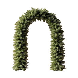 A lush green arch made of dense, artificial pine branches.