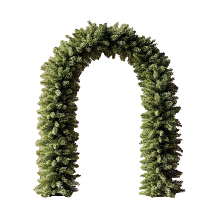 A lush green arch made of dense, artificial pine branches.