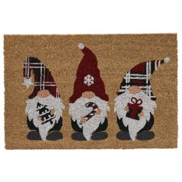 A festive doormat features three gnomes in red hats, each holding cheerful holiday items.