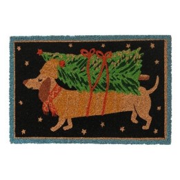 Een schattige teckel met een kerstboom op zijn rug, omringd door sterren op een donkere achtergrond.