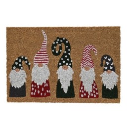 A festive doormat featuring five whimsical gnomes in colorful hats and white beards.