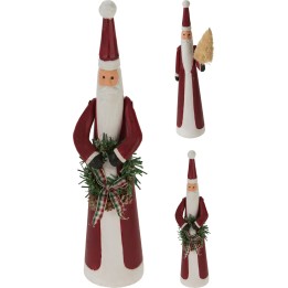 Drie kerstfiguren in warme rood-witte kleuren, met een houtachtige uitstraling en schattige details.