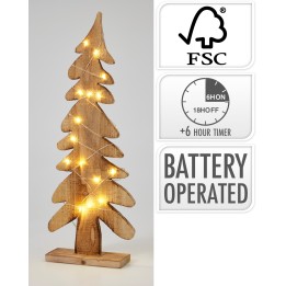 A wooden Christmas tree silhouette illuminated with warm, twinkling lights.