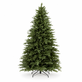 A tall, lush green artificial Christmas tree with a black metal stand.