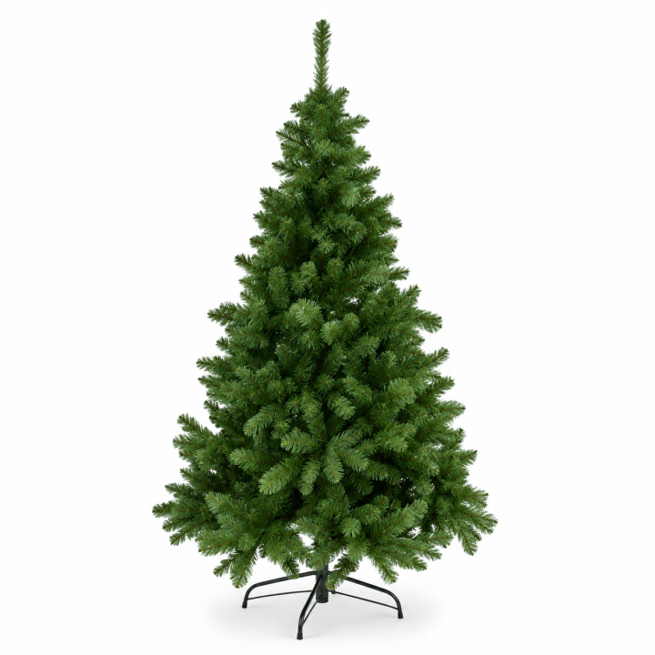 A tall, lush green artificial Christmas tree with a sturdy black stand.