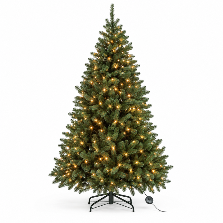 Groene kunstkerstboom met warmwitte verlichting op een zwarte standaard.