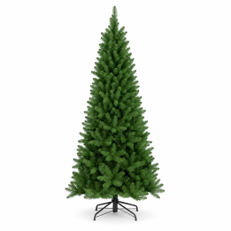 A tall, lush green artificial Christmas tree with a black metal stand.
