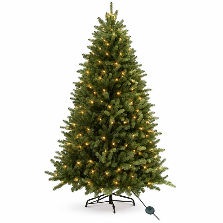 Groene kunstkerstboom met warme verlichting, in een moderne, slanke vorm.