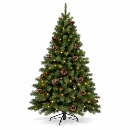 Een groene kunstkerstboom met dennenappels en warme, heldere lichtjes.