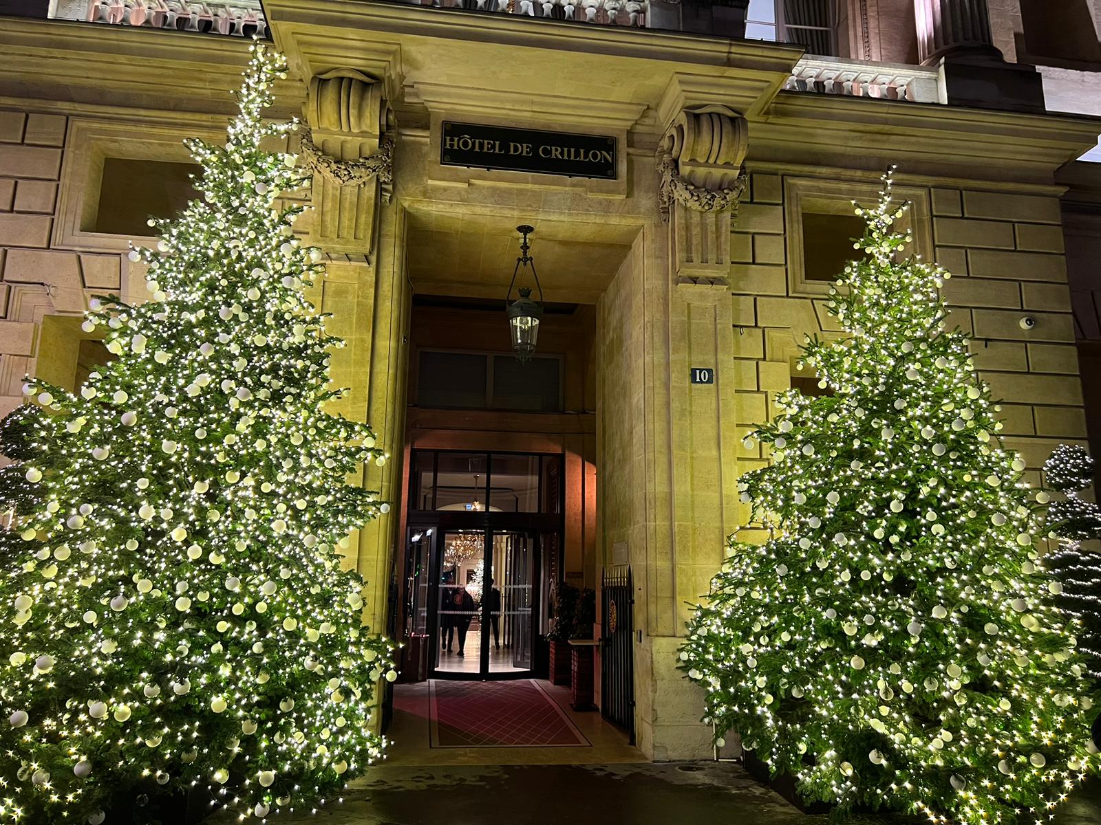 Twee wit besneeuwde Nordmann-kerstbomen aan de ingang van Hôtel de Crillon
