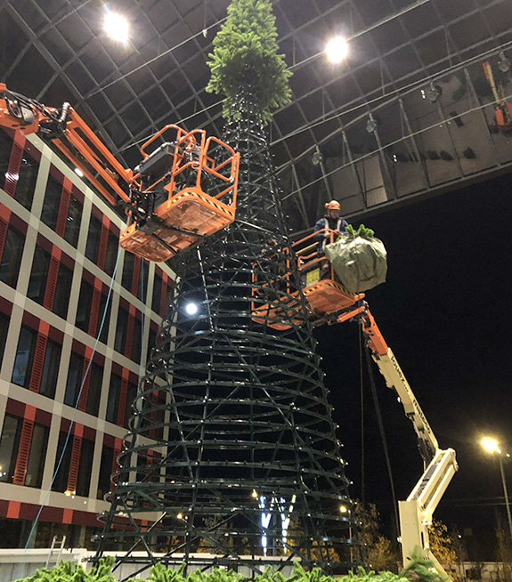 Installation of a Christmas tree and outdoor decorations for a store