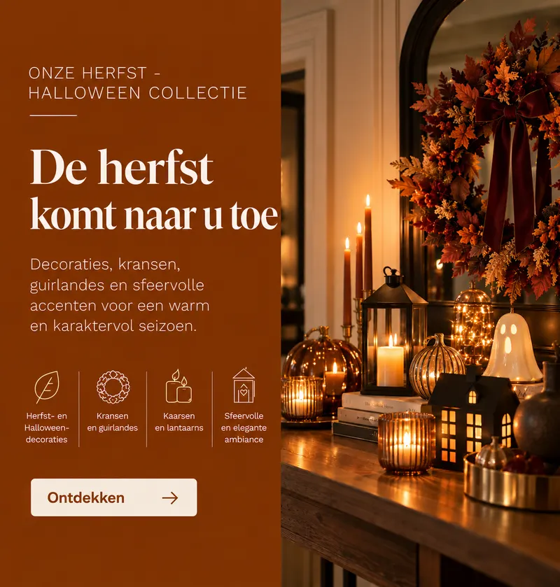Ons herfst- en Halloween-assortiment: decoraties, kransen, slingers en kaarsen