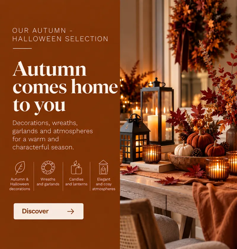 Our Autumn - Halloween range: decorations, wreaths, garlands and candles
