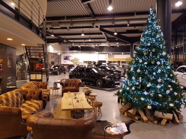 Versierde kerstboom in een showroom