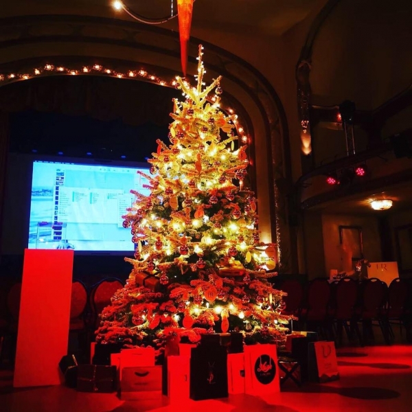 Verlichte kerstboom met versieringen