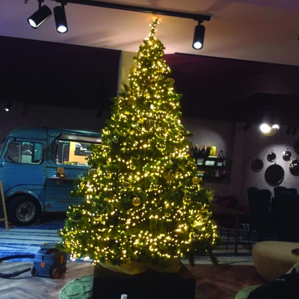 Verlichte kerstboom met gouden versieringen