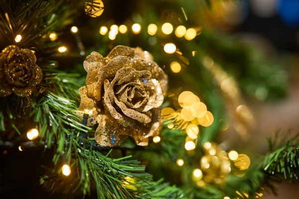Kerstboom versierd met gouden roos