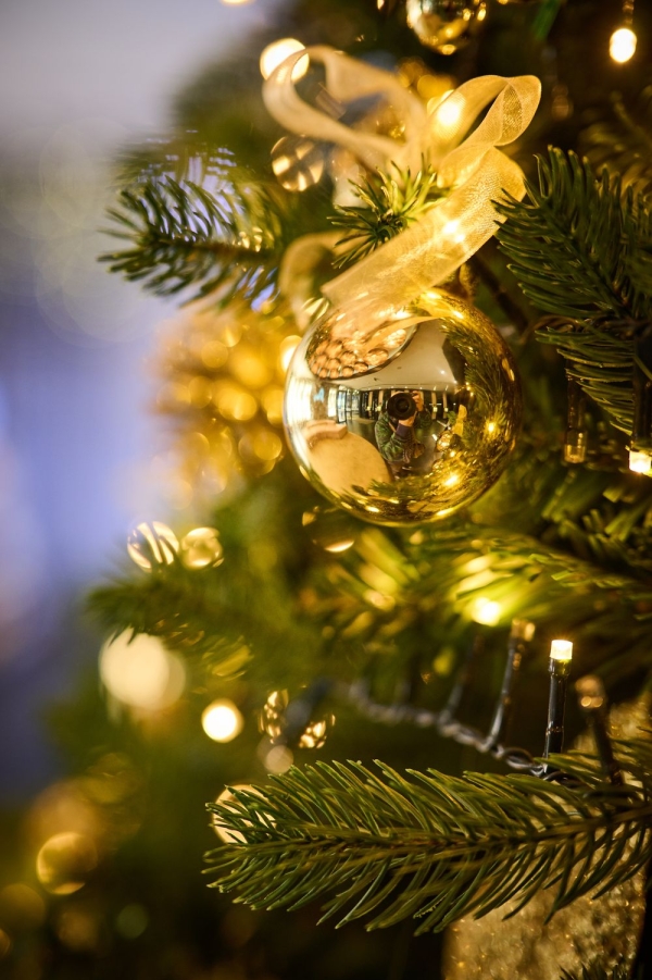 Kerstboom versierd met gouden ornamenten