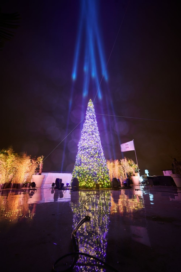 Kerstboom versierd met kleurrijke lichten