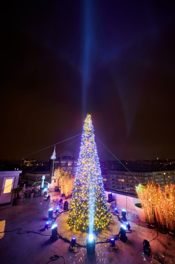 Verlichte kerstboom op een dak