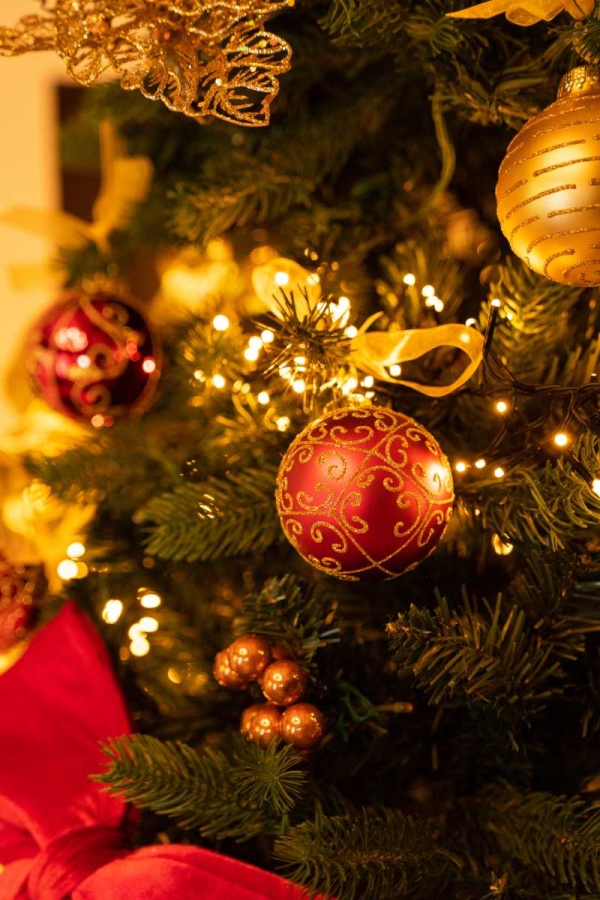 Kerstboom versierd met rode ornamenten