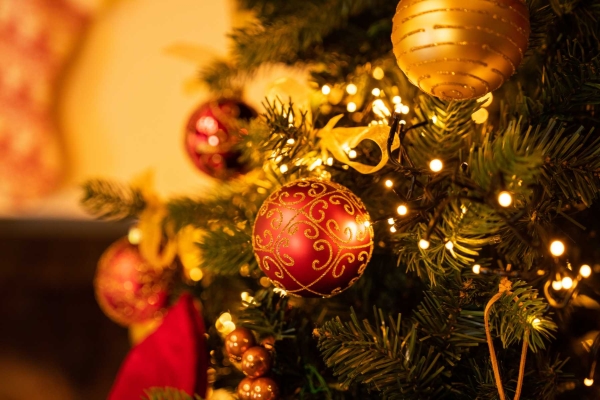 Kerstboom versierd met rode en gouden ornamenten