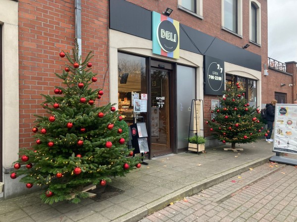 Kerstboom versierd voor een winkel